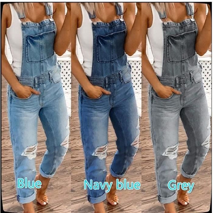 Jeans Femmes - FUNMOON - Bretelles Déchirées Lavées - Coupe Ajustée - Gris