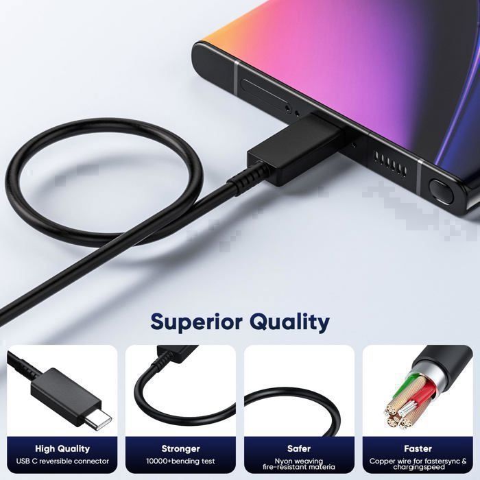 Cargador rápido de 45 W para Samsung, cable USB tipo C compatible con Samsung Galaxy S24, S23, S25 Ultra, S26/S21 FE 5G, etc. (2 m)