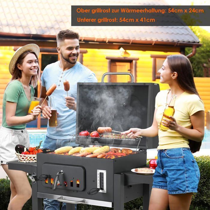 Grote houtskoolbarbecue met deksel, grillrooster, wielen en thermometer, handvat, rookbarbecue, 130 x 137 x 49 cm, grijs