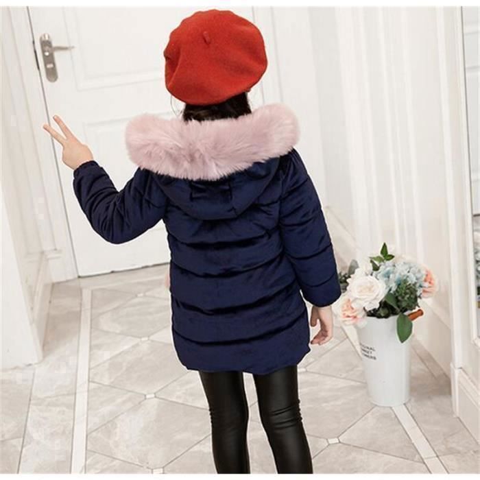 JINDING g10 Abrigo grueso de terciopelo de largo medio para niñas, ideal para invierno y otoño, con capucha de piel, color azul.