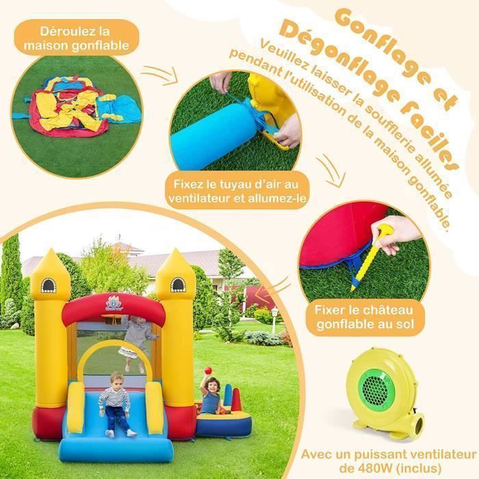 GOPLUS 4-in-1 opblaasbaar kasteel met blower, opblaasbaar speelgebied met glijbaan, zwembad, springgedeelte, enz., voor 2 kinderen tot 90 kg
