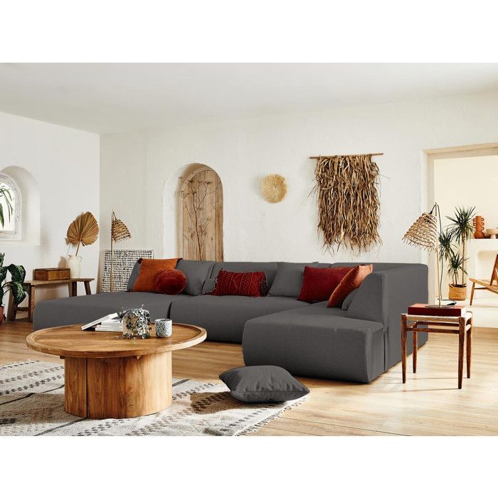Onyx - Sofá modular panorâmico de canto direito com 7 lugares - em tecido - Cinza Escuro