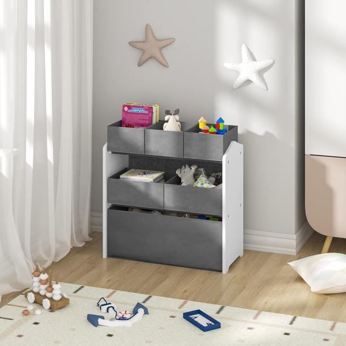 Meuble de Rangement pour Chambre d’Enfant avec 6 Boîtes Amovibles, Étagère Blanche avec Coffres à Jouets Gris, 63x30x60cm 0023ETSJ