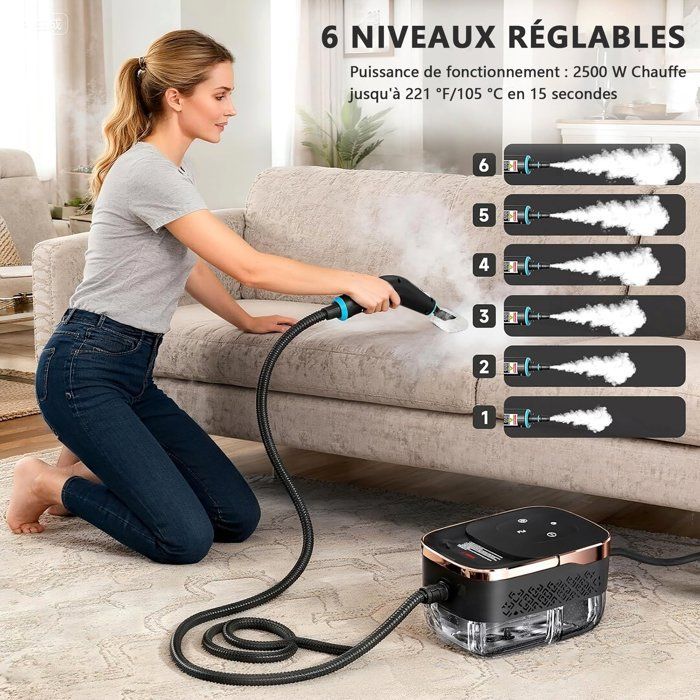 Nettoyeur Vapeur Haute Pression,6 vitesses,réservoir d'eau 1250ML, Chauffage Rapide 15S,avec 10 accessoires,pour Nettoyer Les