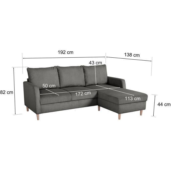 Vaste hoekbank - 3-zits - CHIPY - Lincoln Antraciet stof - Natuurhouten poten - 192 x 82 x 138 cm