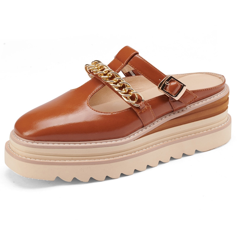 Sandales plates à plateforme en cuir véritable avec chaîne pour femmes, chaussures décontractées d'été, sandales pour femmes 2021