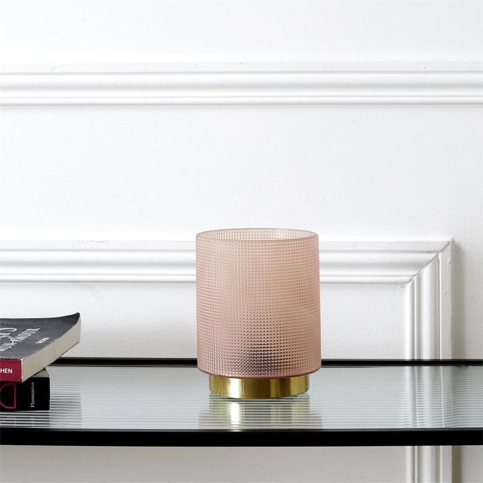 Lámpara de mesa de cristal ahumado rosa repujado con base dorada - LORI