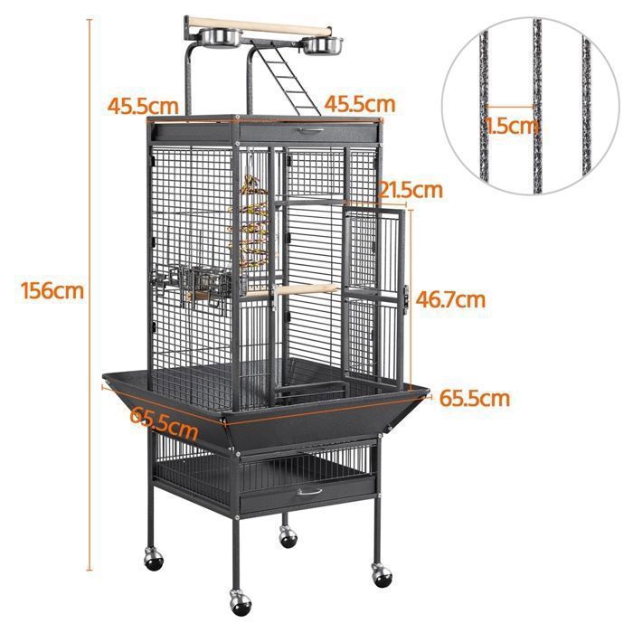 Jaula grande para pájaros con soporte - 65,5 x 65,5 x 155,7 cm - Metal con ruedas giratorias de 360°, para canarios/periquitos - Techo abatible - Color negro - YAHEETECH