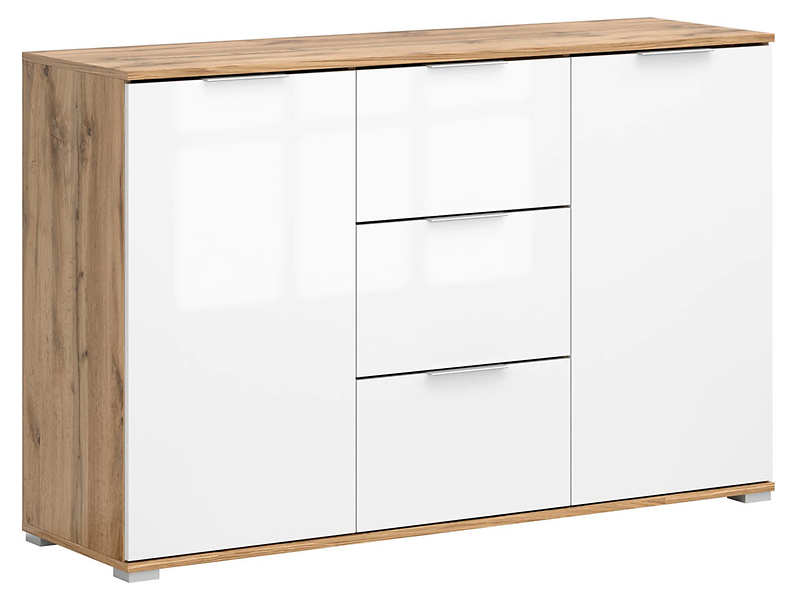 Komoda Zele 135 cm z 2 drzwiami i 3 szufladami dąb wotan/biały połysk