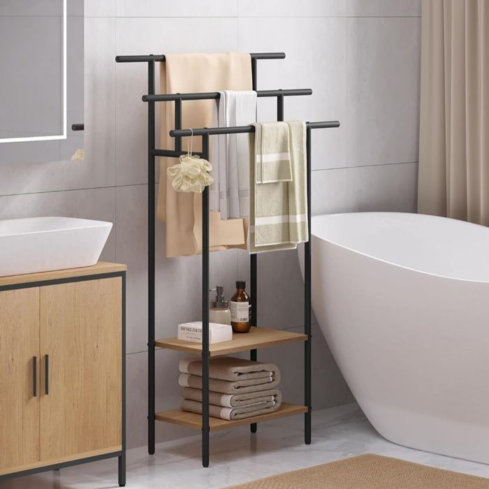 Muebles de baño EUGAD - Toallero independiente de 3 niveles - 68x28x117cm - Negro+Roble claro