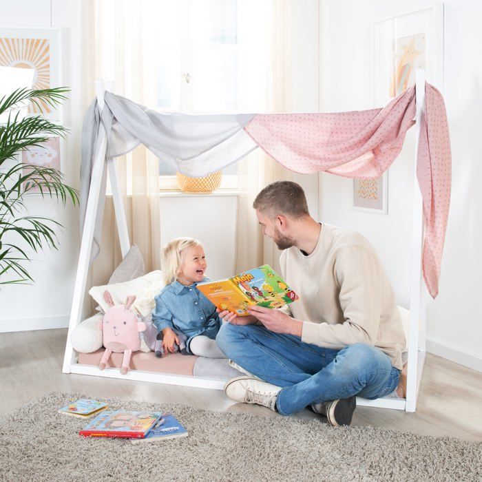 Cama tipi ROBA de 70 x 140 cm para niños - Bambú certificado FSC - Cama india para niños y niñas - Madera lacada en blanco