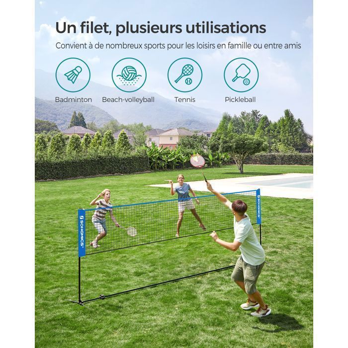 SONGMICS 400 x 155 x 103 cm filet de loisirs Réglable en Hauteur, Filet de Badminton, Volley-ball, Tennis, avec pied