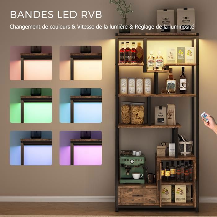 6-Tier Bookshelf - NHHF - LED Lighting - Storage Unit with Drawer and 2 Doors - Metal Frame - Brown and Black
