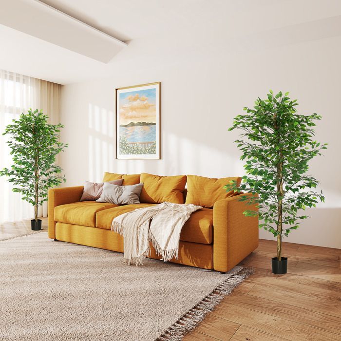 Conjunto de 2 plantas artificiales - ficus, 1,80 m de altura - tronco, ramas, enredaderas, líquenes y hojas realistas, maceta incluida, verde