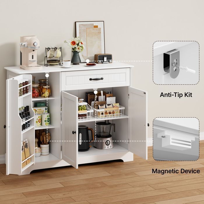 Buffet de Cuisine - Bealife - Meuble Rangement - 1 Tiroir - 3 Portes - 5 Niveaux - Meuble Bas - Salon - Blanc - 105x40x84,5cm