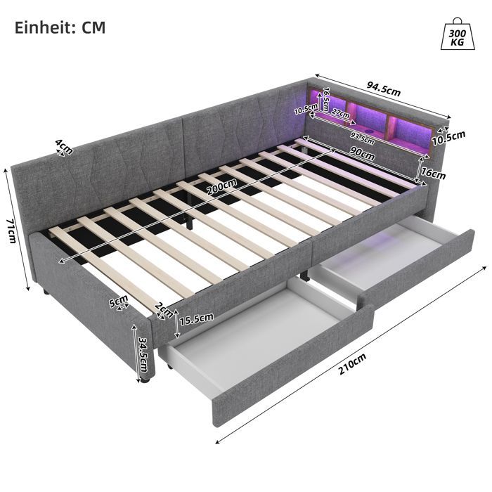 Banquette Lit Lin Gris 90x200 cm avec LED Télécommande, Prises USB Type-C, 2 Tiroirs et Rangement Tête de Lit, Canapé Convertible