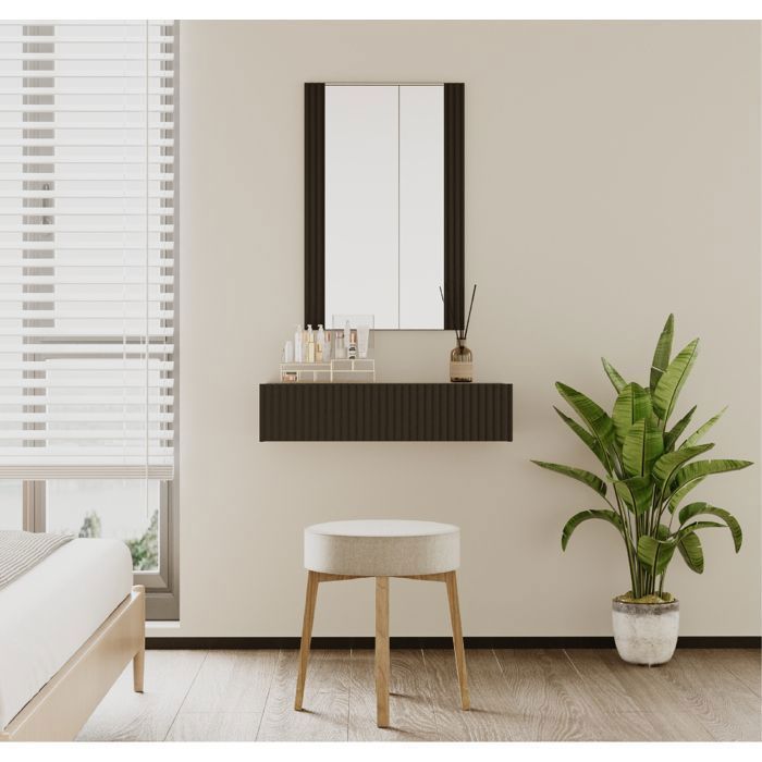 Coiffeuse cannelé avec Miroir et Tiroir | Coiffeuse Suspendu pour Chambre à coucher | Finition en couleur Noir Mate | Modèle Velia