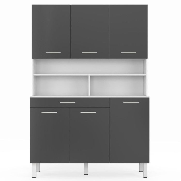 IDMARKET Buffet de cuisine 120 CM CINA 6 portes + tiroir blanc et gris brillant