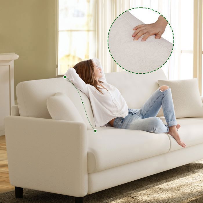 Sofá de 2 plazas de terciopelo beige estilo Teddy para salón o dormitorio, estilo escandinavo, con 2 cojines, patas de madera, 165 × 78 × 85 cm.