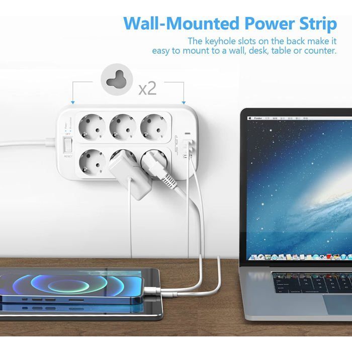 Regleta de enchufes 3M, regleta de 6 tomas con 4 puertos de carga USB (3 USB-A + 1 USB-C), protector contra sobretensiones, pararrayos.