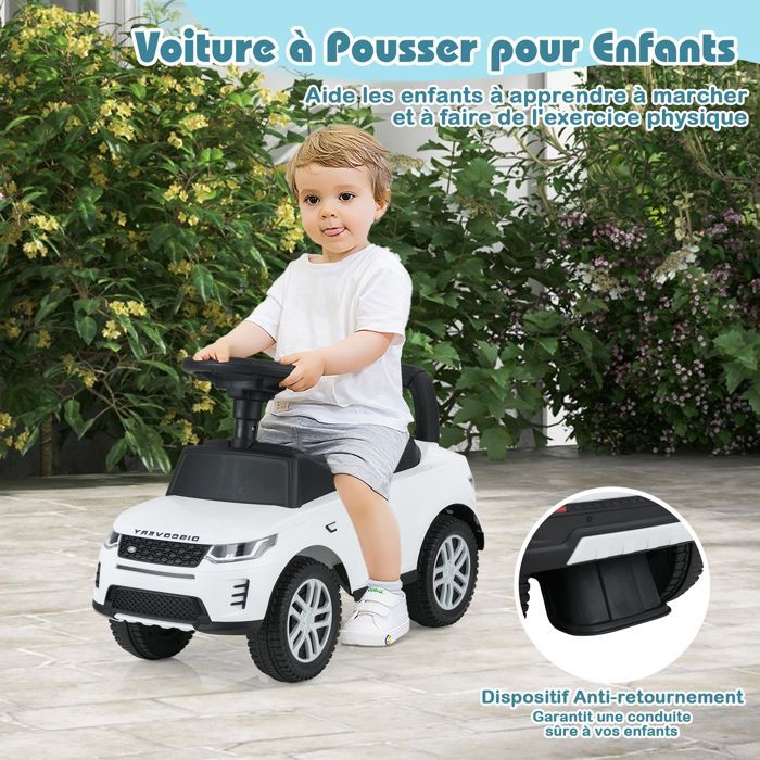 Cochecito infantil COSTWAY Land Rover con volante, claxon, sonido de motor y compartimento de almacenamiento bajo el asiento, para niños de 12 a 36 meses, hasta 25 kg, color blanco.