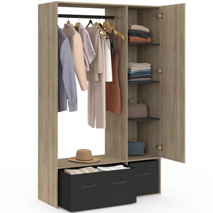 IDMARKET BERENICE wardrobe unit 105 x 40 x 172 cm beech with shelves + black storage boxes + mirror