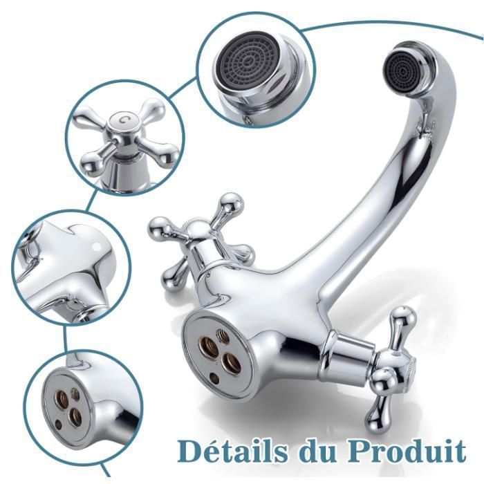 Grifo de baño fijo cromado, mezclador de lavabo de doble manija con agua fría y caliente disponible.