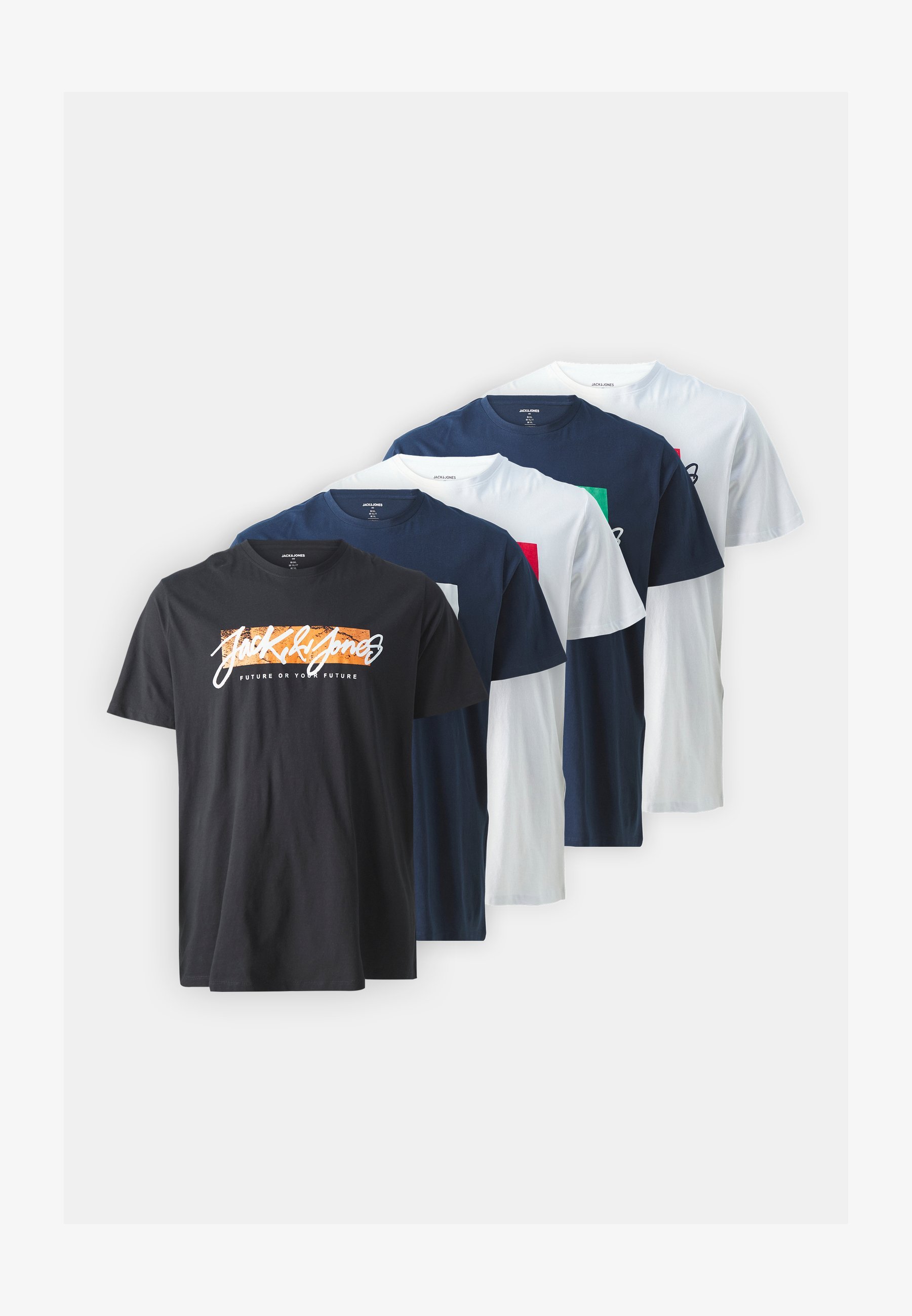 Jack & Jones JJTILEY JJNOLAN TEE CREW 5er-Pack – Bedrucktes T-Shirt – Marineblauer Blazer/Weiß/Schwarz