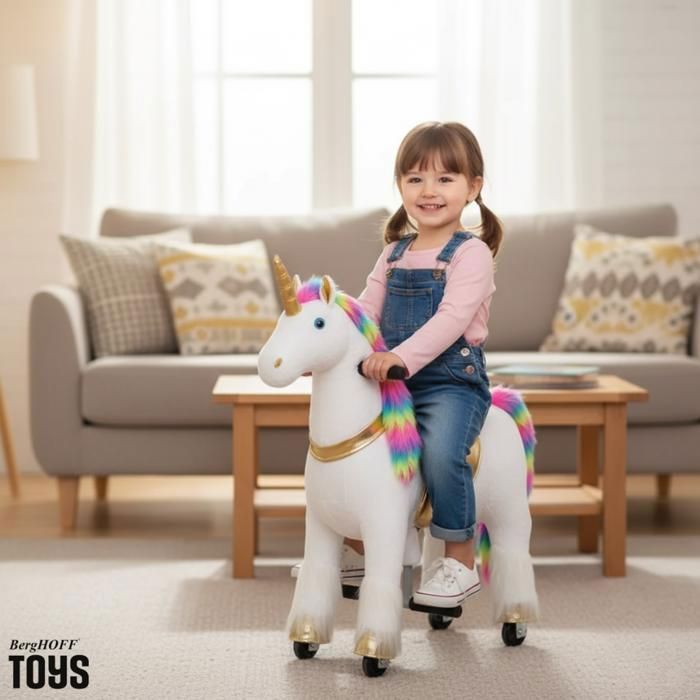 VROOOMY Unicorno cavalcabile con ruote - Piccolo - Arcobaleno - Età 3-6 anni - Movimento meccanico al galoppo - Altezza 54 cm - 45 kg