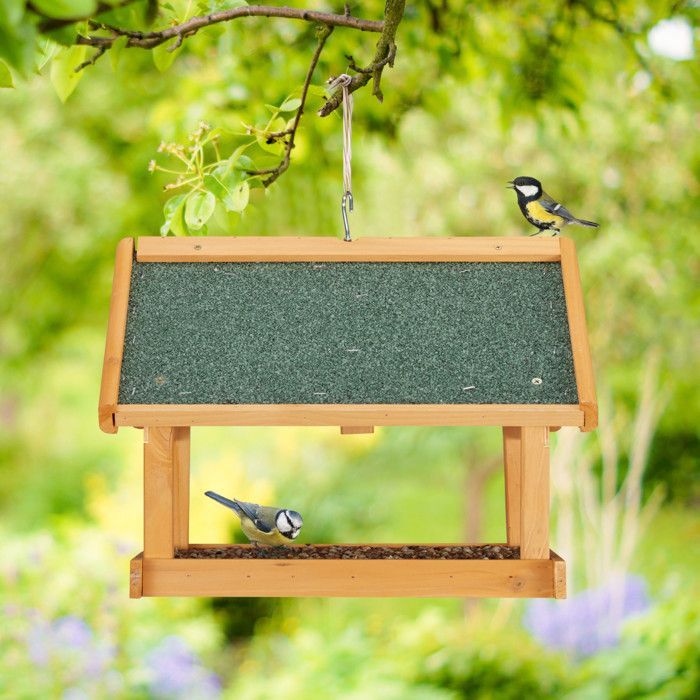 Relaxdays Mangeoire pour oiseaux en bois, à suspendre, HLP: 35x42,5x40,5 cm, jardin, distributeur de nourriture, nature