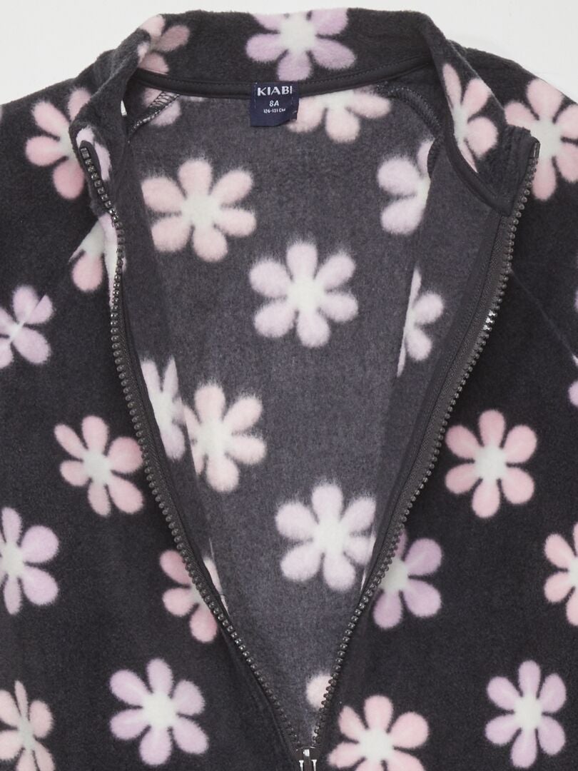 Bedrukte fleece hoodie met rits - ZWART