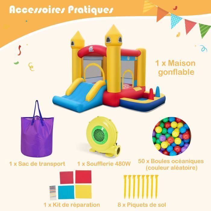 Castillo hinchable COSTWAY 6 en 1 para niños con soplador de 480 W, piscina de bolas, canasta de baloncesto, tobogán y 50 bolas para fiestas, a partir de 3 años.