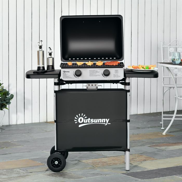 Gas barbecue - Outsunny - 2 stainless steel burners - 2.8 kW power - 2 grills, 2 side shelves, 2 wheels - black