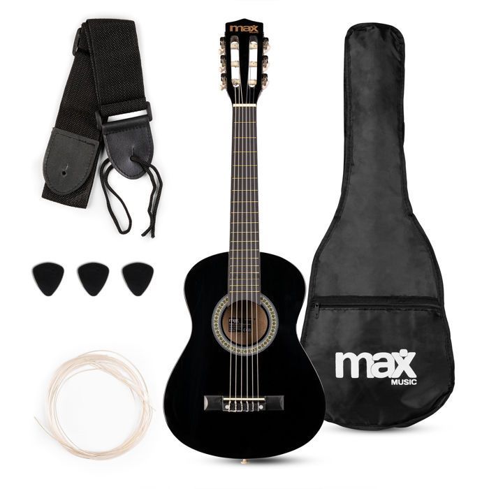 Max SoloArt Junior 1/4 formaat klassieke gitaarset - zwart, nylon snaren, leeftijd 4-6 jaar, draagtas
