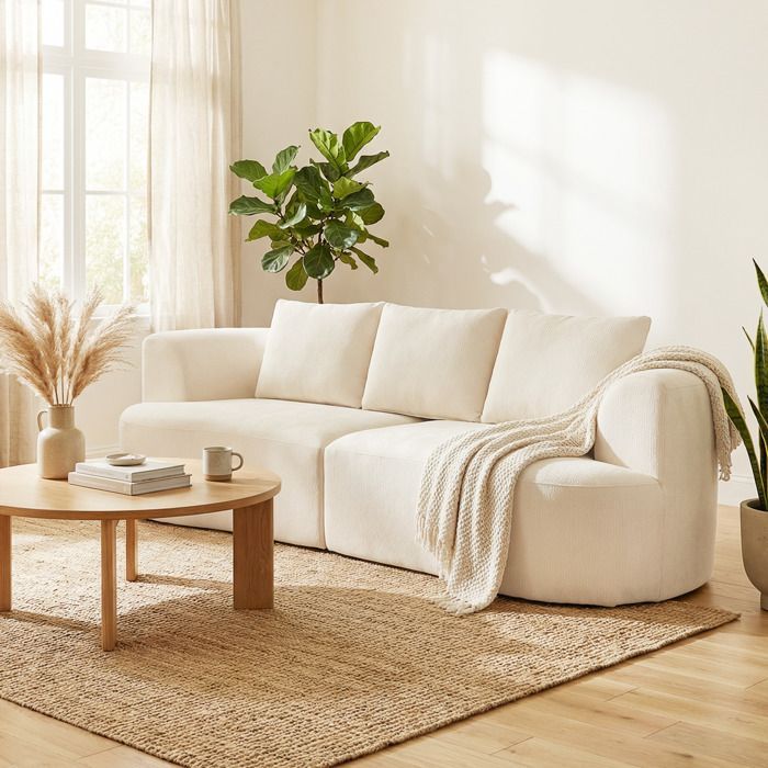 Sofá de 3 plazas - HOMCOM - asiento ancho, 3 cojines - totalmente comprimido, no requiere montaje - tejido de chenilla - 260 cm - color crema