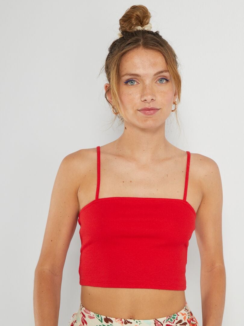 Geribbelde bandeau crop top - Rood