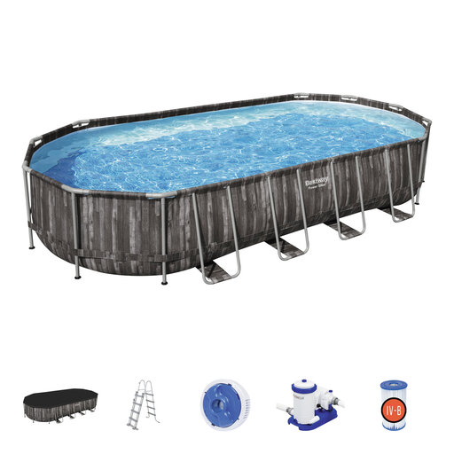 Piscine hors-sol tubulaire ovale Bestway Power Steel, design bois, 732 x 366 x 122 cm, avec échelle
