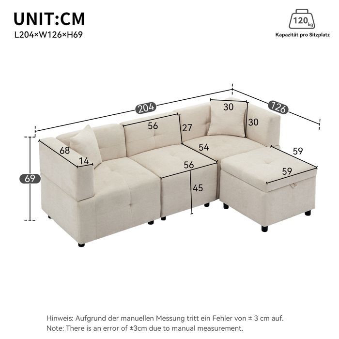 Sofá de canto de chenille com 3 lugares, compartimento de arrumação, pufe modular e 2 almofadas – Bege