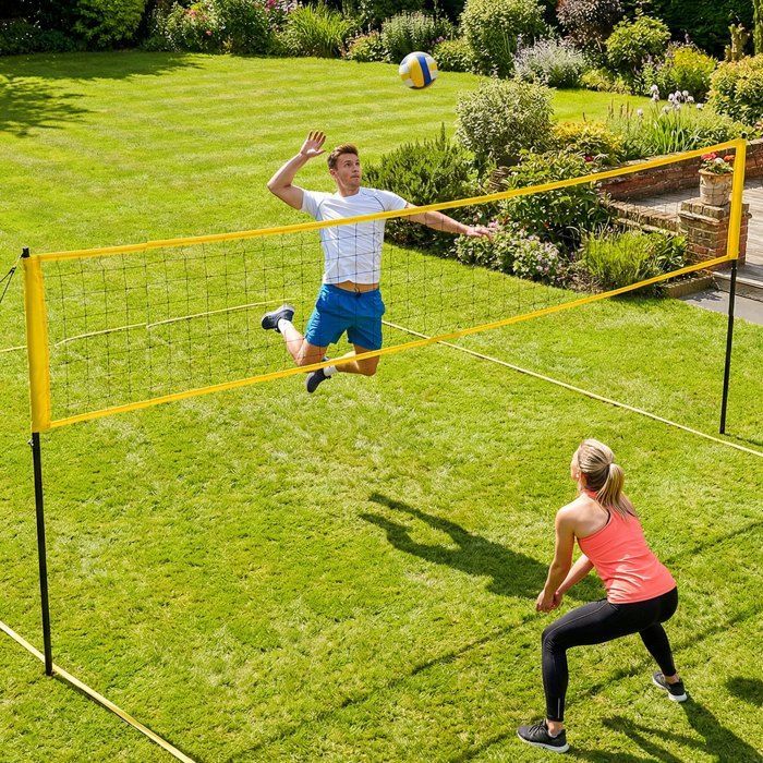 Volleyball and Badminton Set - SPORTNOW - Adjustable Height Steel Posts - Rackets and Shuttlecocks - Steel - Black