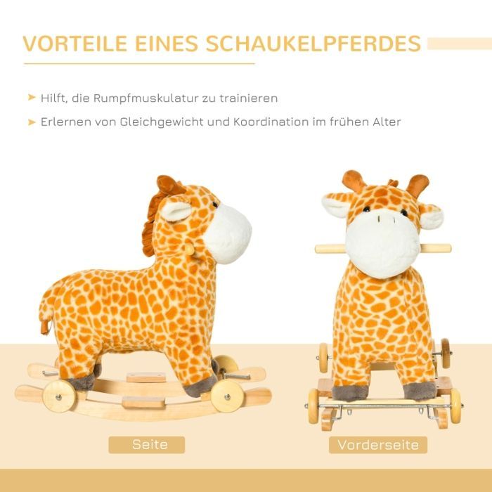 Jouet à bascule 2-en-1 - Girafe - Effet sonore - Avec roues - 63x38x63 cm - Jaune - Peluche douce - Cadre métallique