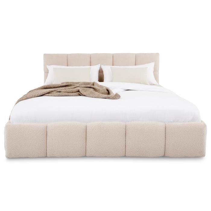 Cama doble CLOUDY, tapizada, 160 x 200 cm, tamaño Queen, color beige, confort óptimo con somier de láminas incluido.