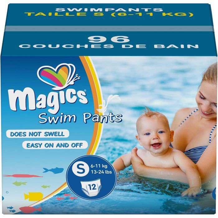Magics Couches Culotte de Bain S (6-11 kg) - 96x Swim Pants - 8 Paquets de 12 Couche Jetables pour Protection Optimale dans l'Eau