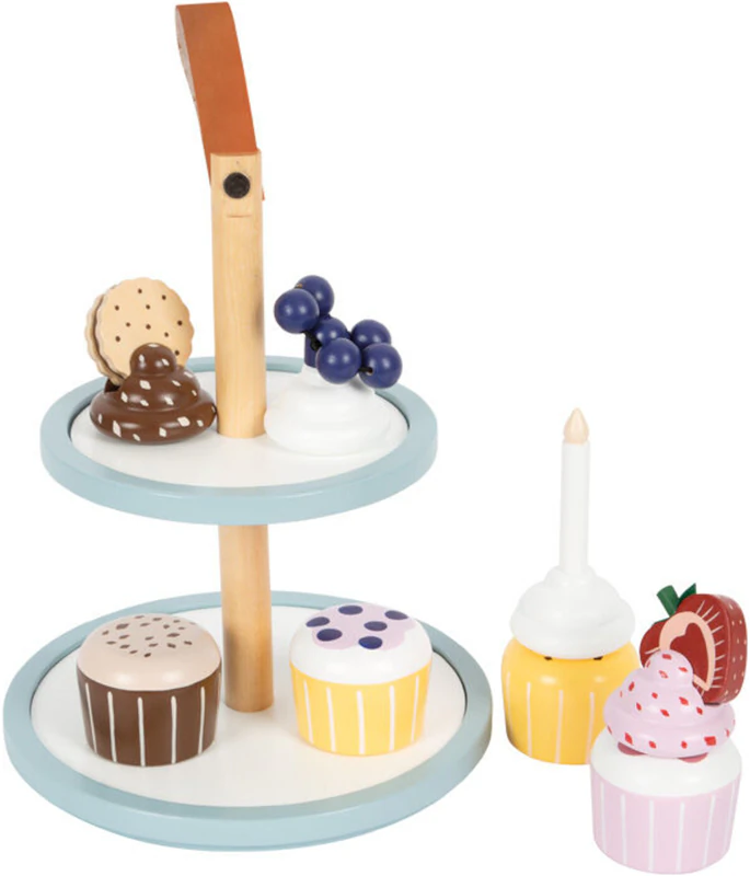 Kleine voetjes, smakelijke cupcake display schaal, houten speelgoedset