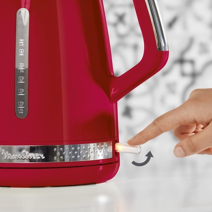 Hervidor eléctrico inalámbrico MOULINEX BY320510 Soleil, capacidad de 1,7 L, base giratoria de 360°, elemento calefactor oculto, 2 niveles de agua.