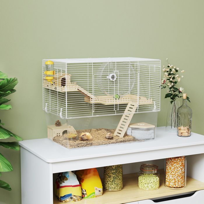 Hamsterkäfig – PawHut – 3 Ebenen – mit Laufrad, transparenter Schale, Versteckmöglichkeiten und Rampen – 59 x 35,5 x 47 cm – weiß