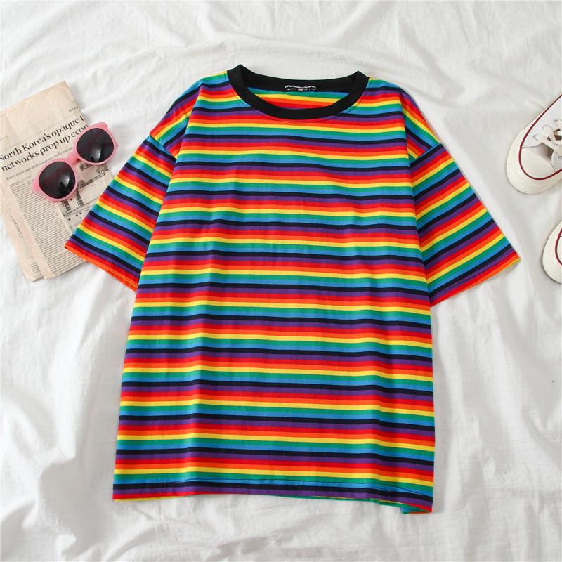 T-shirt d'été à rayures arc-en-ciel pour femme, style minimaliste, manches courtes, collection tendance 2020 pour couples..#6651