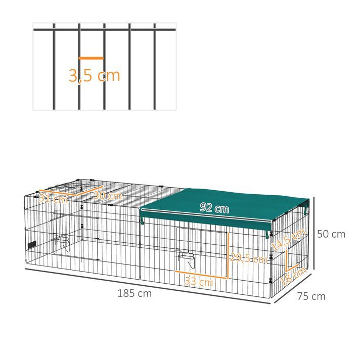 PawHut modulares Stahl-Laufgehege mit Abdeckung für Kaninchen, Nagetiere und Kleintiere, für den Innen- und Außenbereich geeignet, 185 x 75 x 50 cm (L x B x H), grün