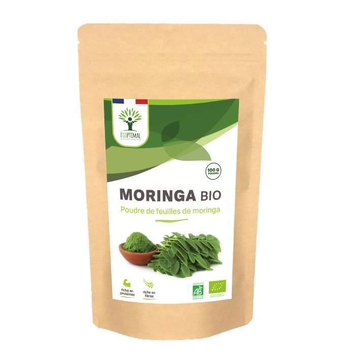 Moringa biologica - Polvere di foglie di Moringa Oleifera 100% - Indice glicemico - Confezionato in Francia - Vegano - 100 g