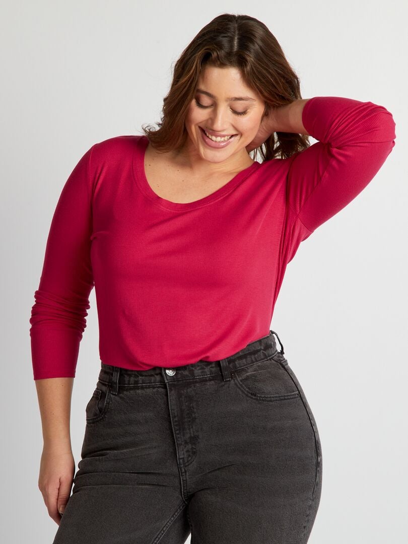Camiseta suave de canalé con escote ancho - ROSA