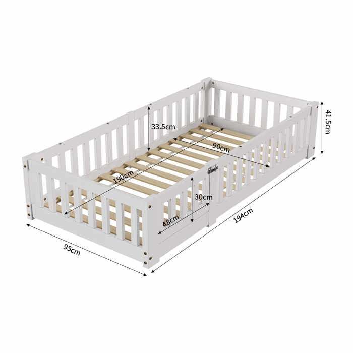 Cama baja de 90x190 cm, cama infantil Montessori con barandilla de seguridad y somier de láminas, madera maciza de pino, cama individual tipo litera, blanca.
